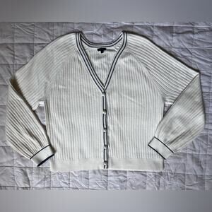Talbots Cream Navy Trim V Neck Rib Knit Cardigan Sweater Old Money Preppy - XL